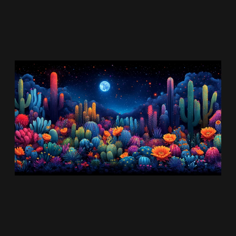 Surreal Colorful Cactus Desert under Moonlit Fantasy Sky Desk Mat