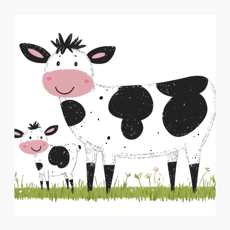 Cute Cartoon Mother and Baby Cow Illustration Pin