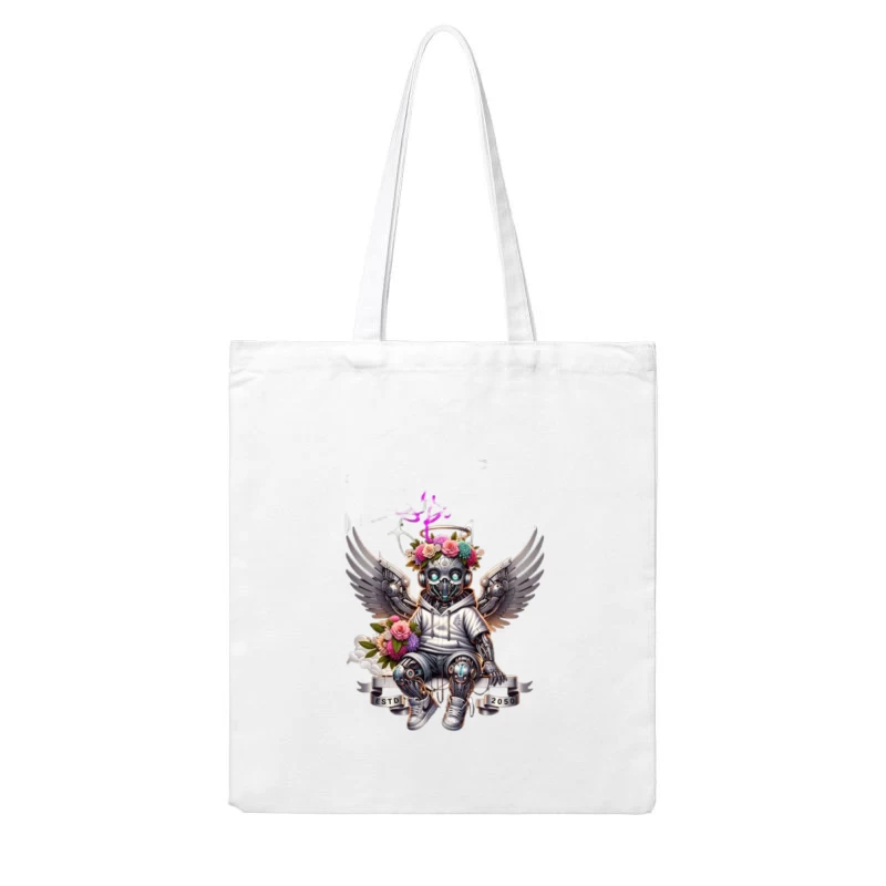 Angelic Steampunk Robot with Floral Crown and Wings Cotton Tote Bag