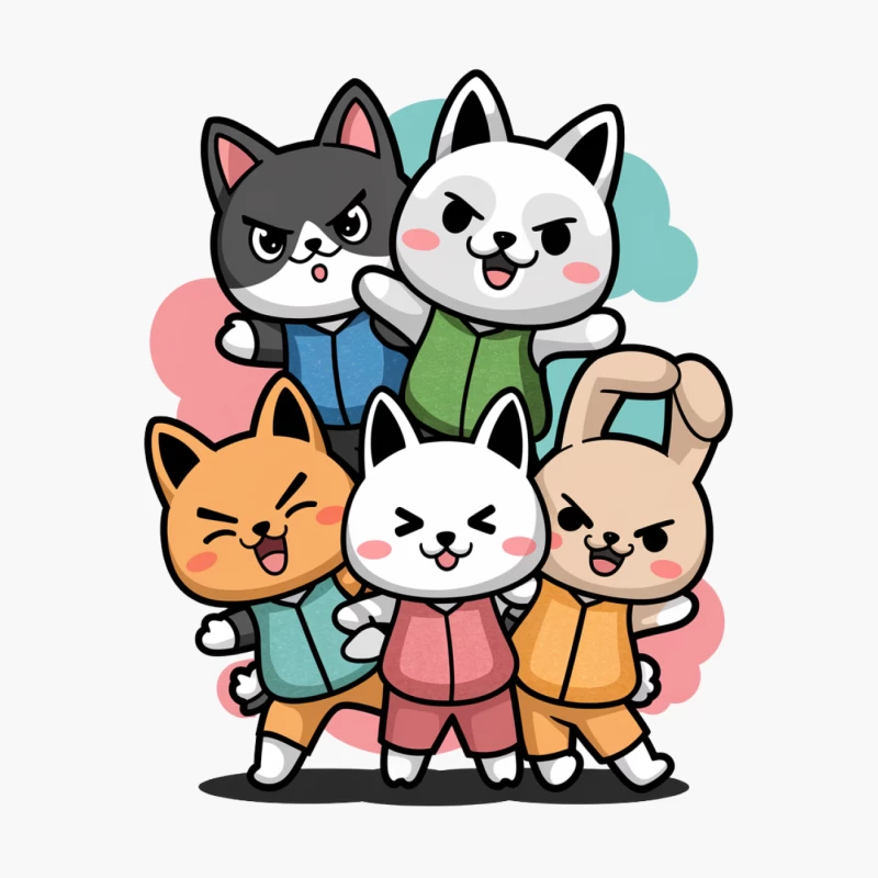 Adorable Animated Animal Friends: Kawaii Cat and Bunny Group Portrait Cotton Tote Bag