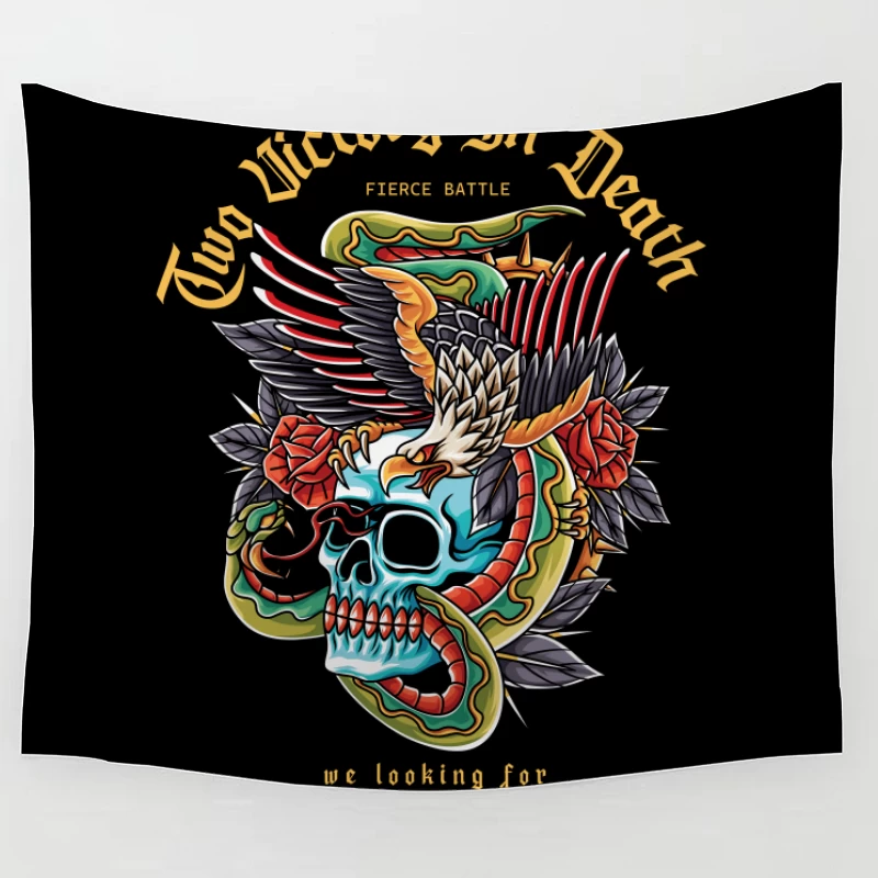 Fierce Battle Tattoo Design Featuring Skull, Eagle, and Snake Tapestry