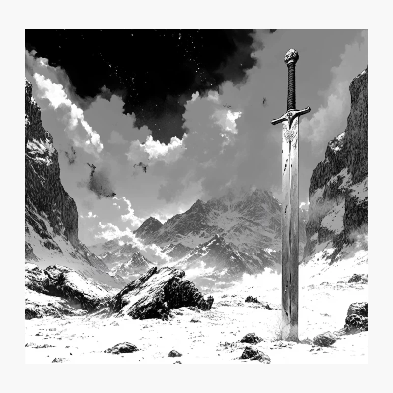 Epic Sword in Snowy Mountain Landscape Throw Pillow