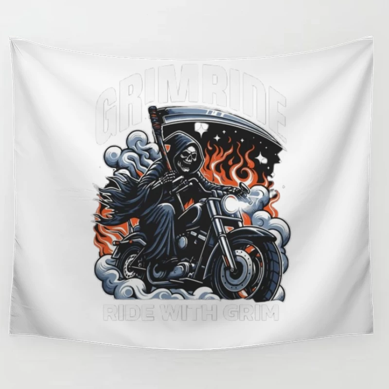 Grim Reaper's Fiery Motorcycle Ride Tapestry