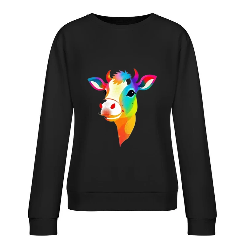 Colorful Cartoon Cow Illustration Female Pullover Sweatshirt