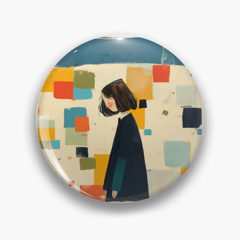 Minimalist Illustration of Figure in Black Coat Against Colorful Abstract Squares Pin