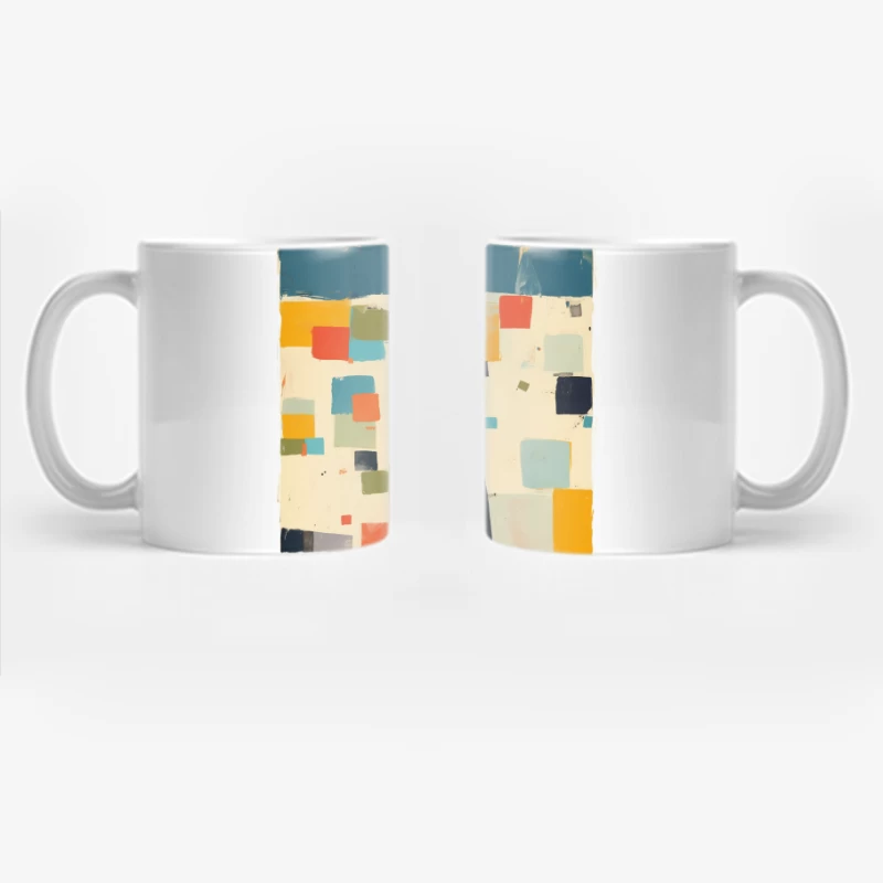 Minimalist Illustration of Figure in Black Coat Against Colorful Abstract Squares Coffee Mug