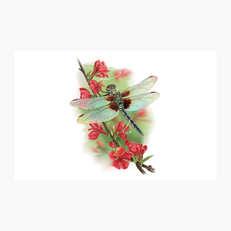 Dragonfly Perched on Red Blossoms: A Natural Illustration Travel Mug