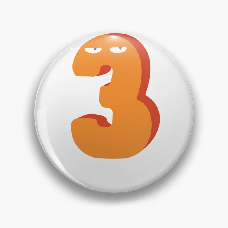 Animated Orange Number 3 Cartoon Character with Eyes Pin