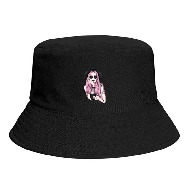 Stylish Woman with Pink Hair and Sunglasses Bucket Hat