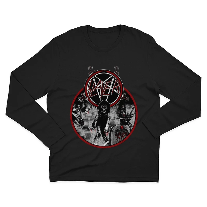 Slayer Heavy Metal Band Logo with Dark Horror-Themed Artwork Male Long Sleeve T-Shirt