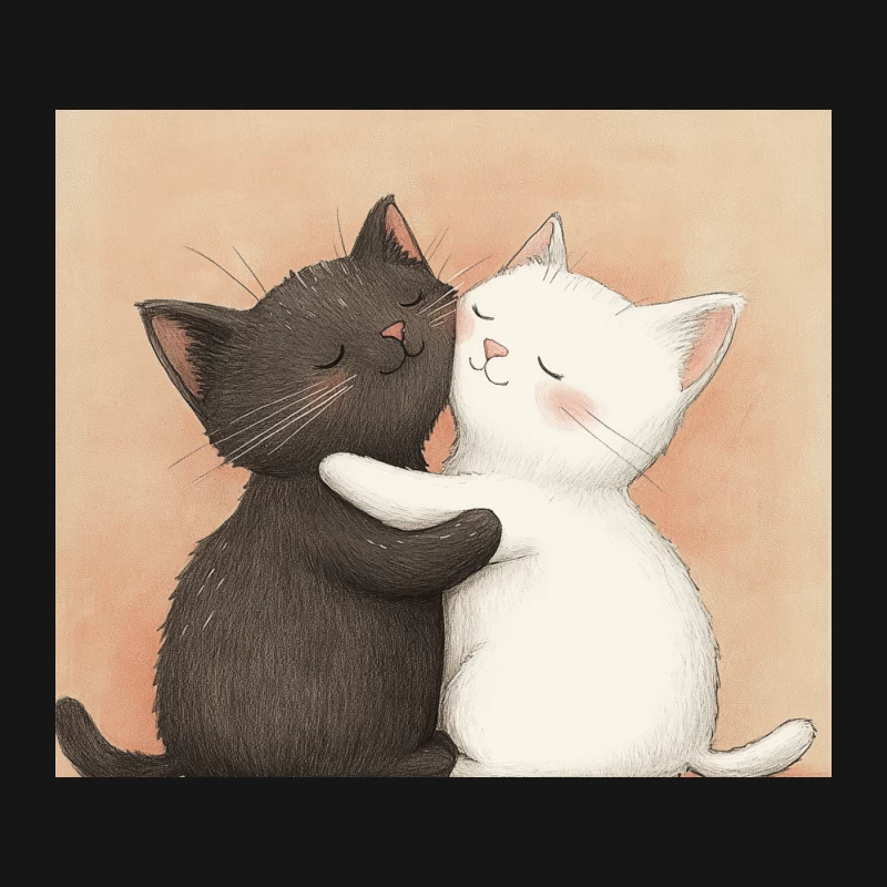 Adorable Black and White Cats Embracing in Cute Cartoon Illustration Mouse Pad