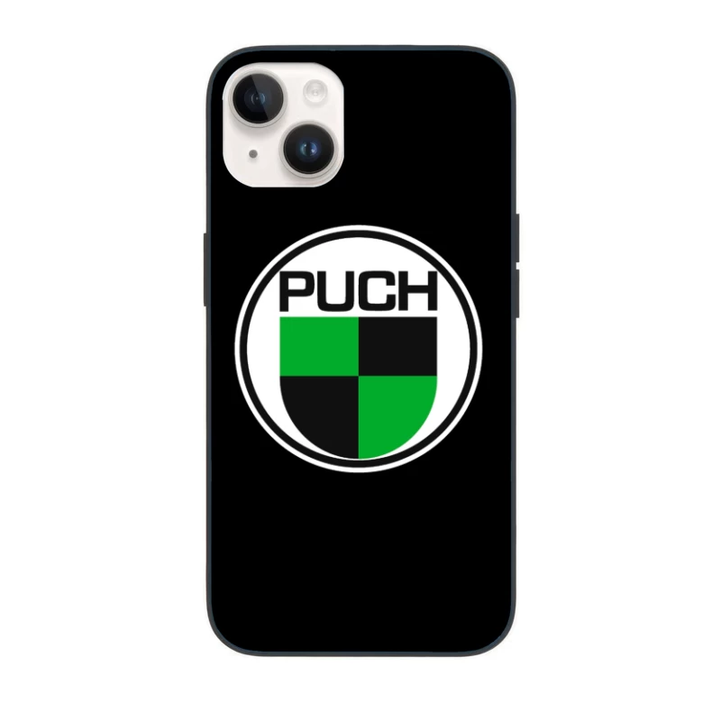 Vintage Puch Motorcycle Company Logo with Green and Black Shield Design iPhone Case