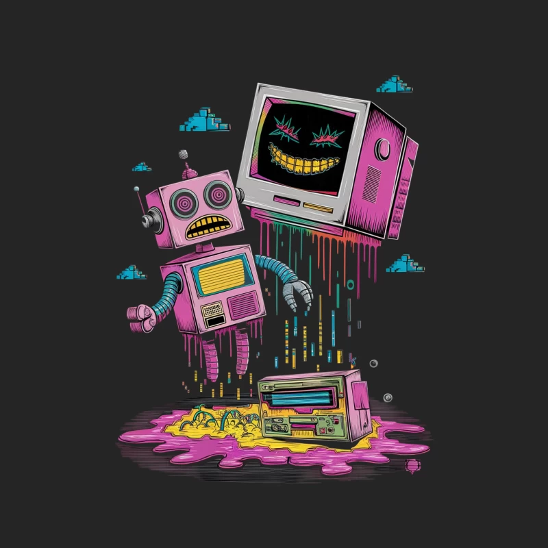 Retro Robot and Computer Digital Art with Dripping Paint Effect Male Pullover Sweatshirt