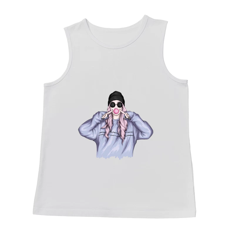 Playful Girl with Bubble Gum in Casual Outfit Male Tank Top