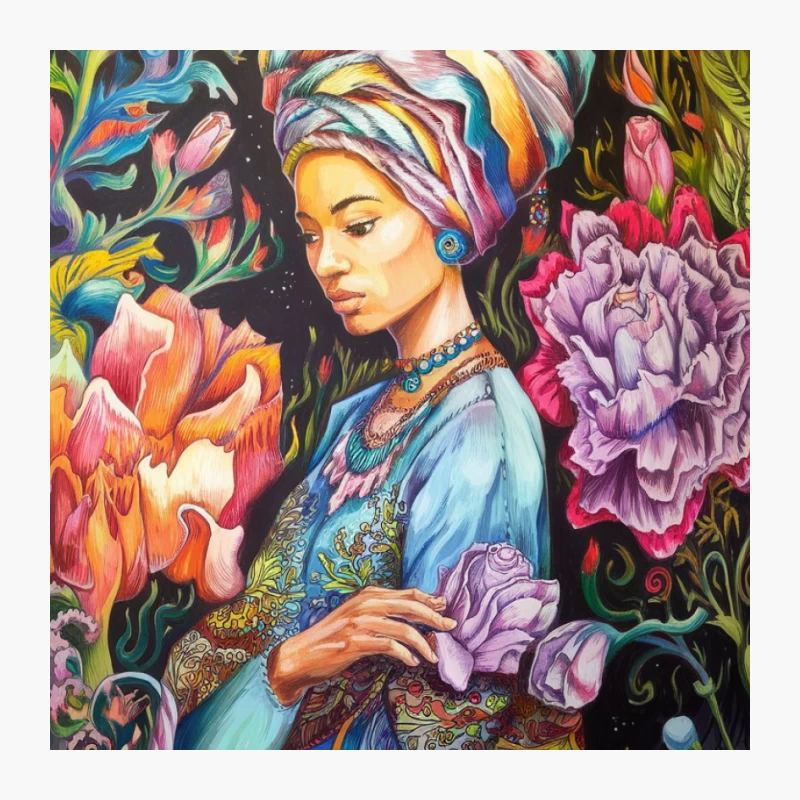 Vibrant Portrait of Woman Amidst Floral Fantasy Pin