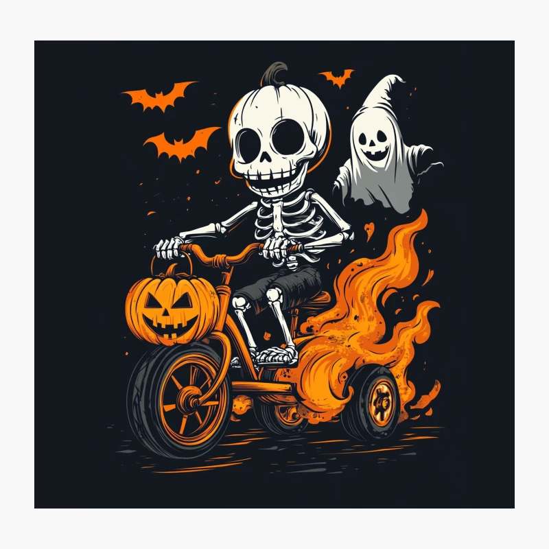 Spooky Skeleton's Halloween Ride with Ghostly Friends Throw Pillow