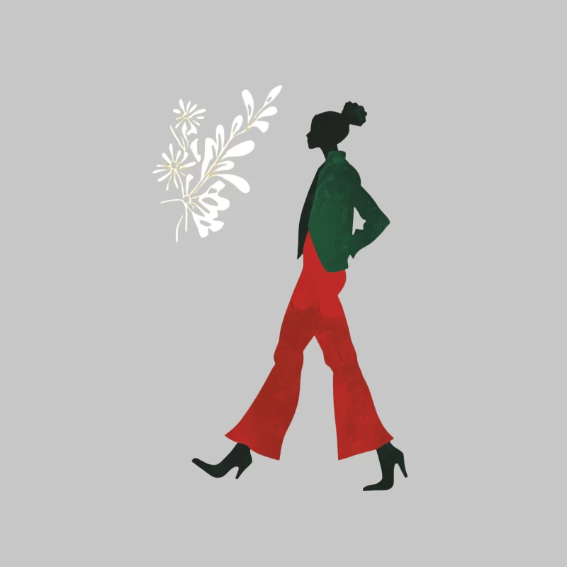 Retro Minimalist Fashion Silhouette: Woman in Green and Red Female Long Sleeve T-Shirt