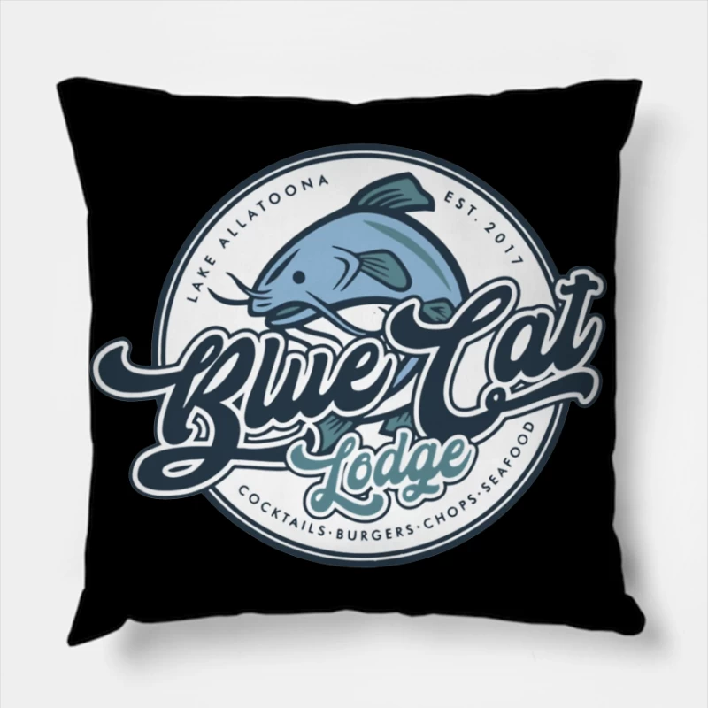 Blue Cat Lodge Restaurant & Bar Vintage Logo Design Throw Pillow