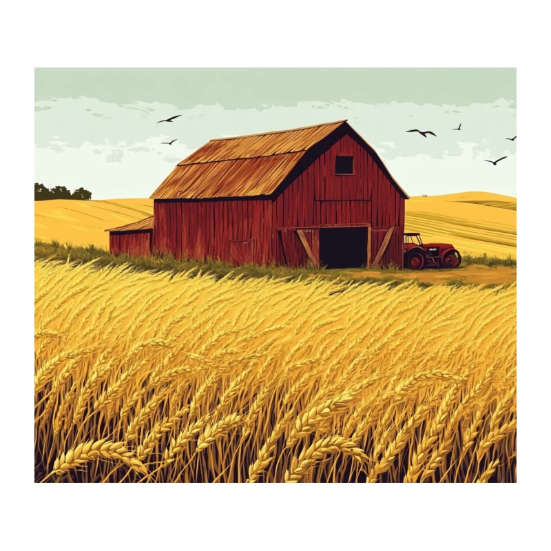 Rustic Red Barn in Golden Wheat Field: Pastoral Farm Scene Tapestry