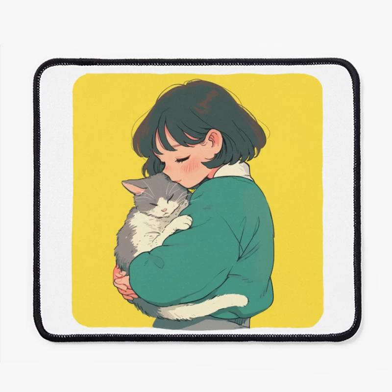 Gentle Embrace: Girl in Green Cuddling Gray Cat Mouse Pad