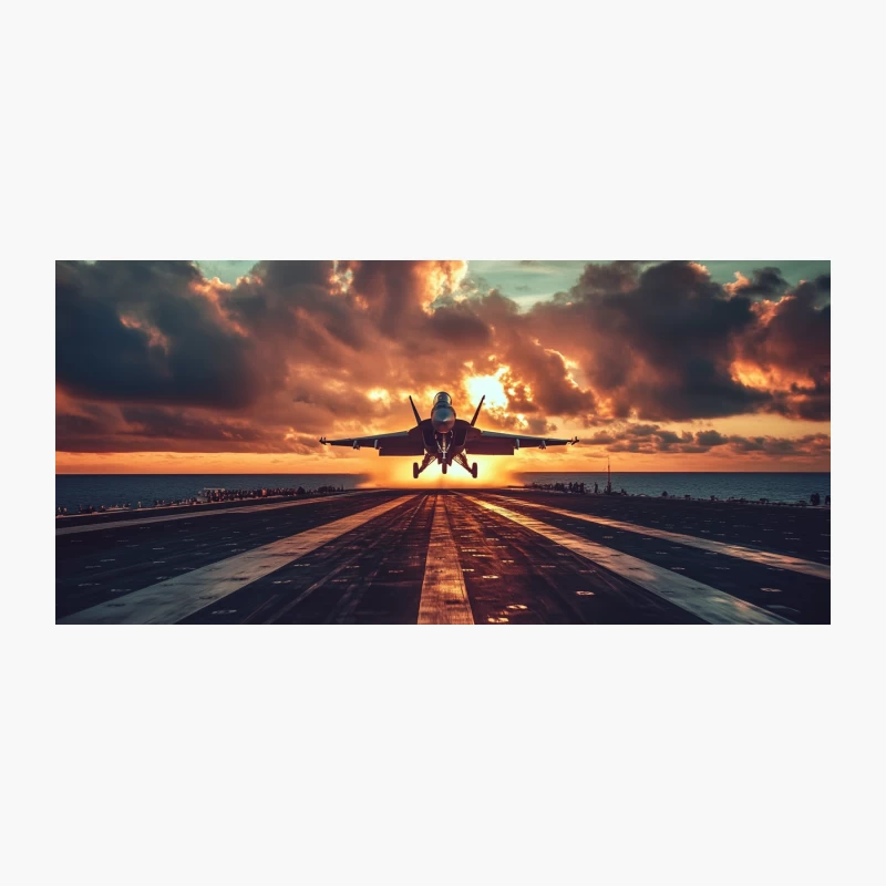 Fighter Jet Taking Off from Aircraft Carrier at Dramatic Sunset Coffee Mug