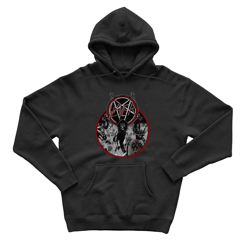 Slayer Heavy Metal Band Logo with Dark Horror-Themed Artwork Male Pullover Hoodie