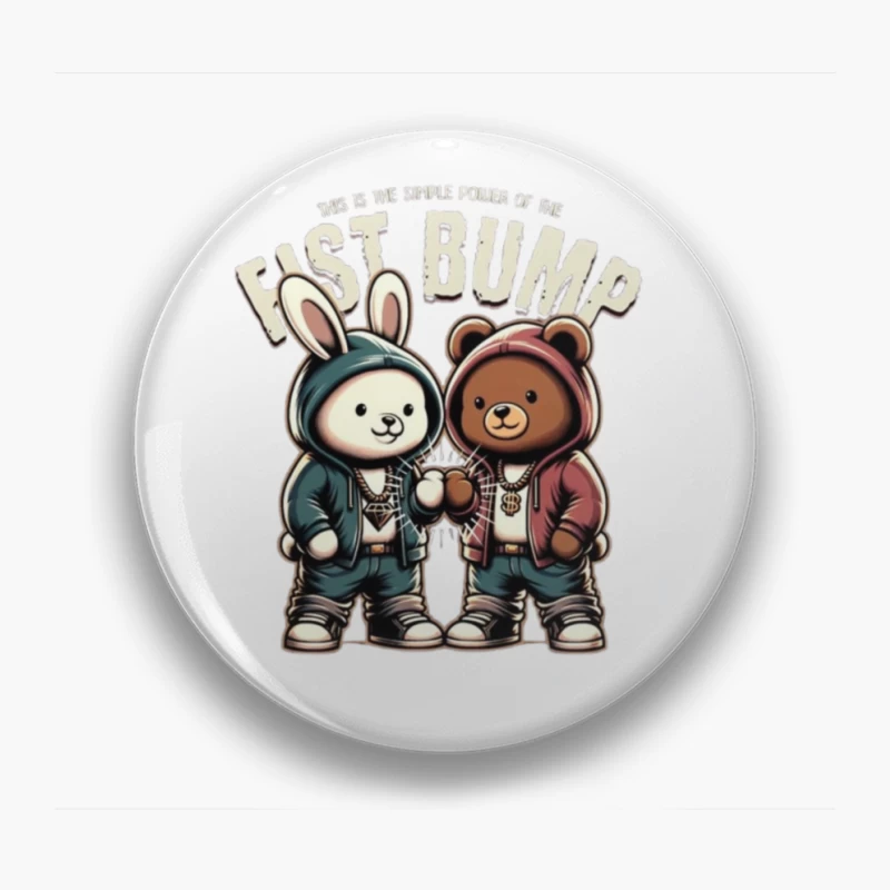 Cartoon Bunny and Bear Friends in Hip Hop Streetwear Sharing a Fist Bump Pin