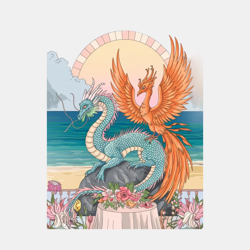 Mythical Creatures: Phoenix and Dragon in Vibrant Beach Fantasy Scene Male Tank Top
