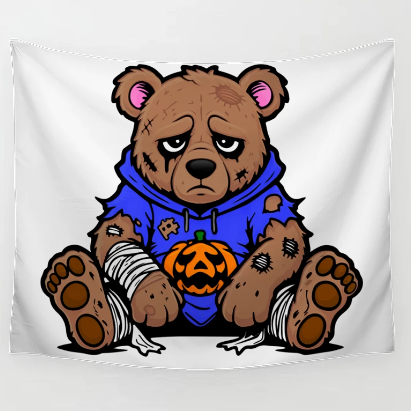 Sad Injured Teddy Bear in Blue Hoodie with Halloween Pumpkin Tapestry