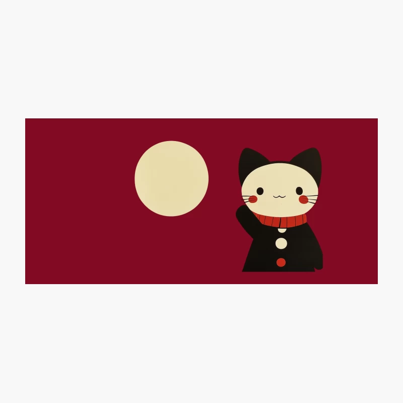 Adorable Black Cat with Red Scarf Under the Moon: A Kawaii Minimalist Illustration Coffee Mug