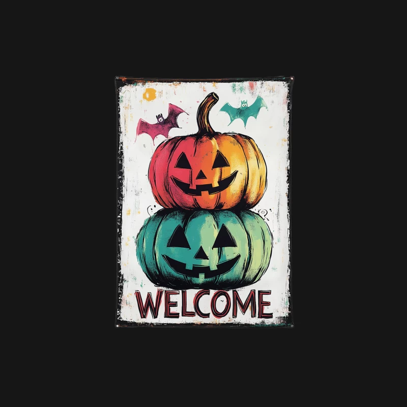 Vintage Halloween Welcome Sign with Stacked Pumpkins and Bats Male Long Sleeve T-Shirt