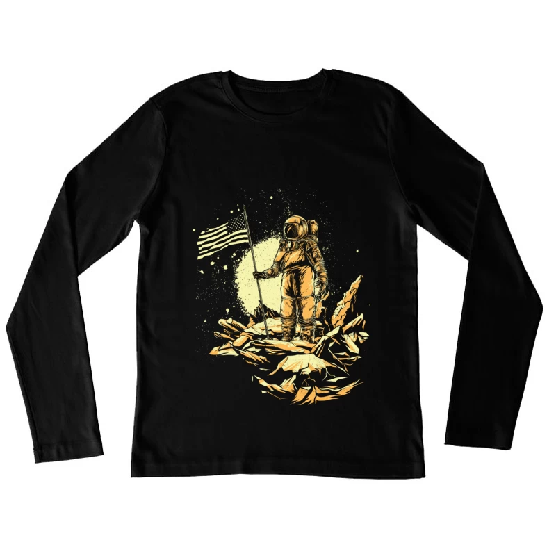 Astronaut in Space with American Flag Female Long Sleeve T-Shirt