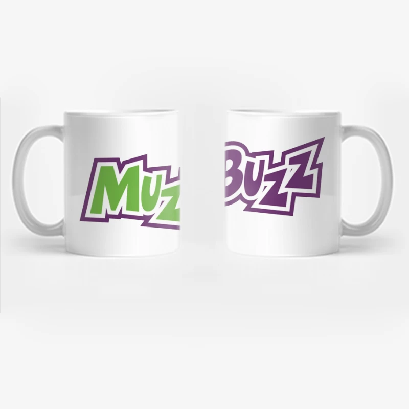 Muzz Buzz Beverage Brand Logo in Green and Purple Coffee Mug