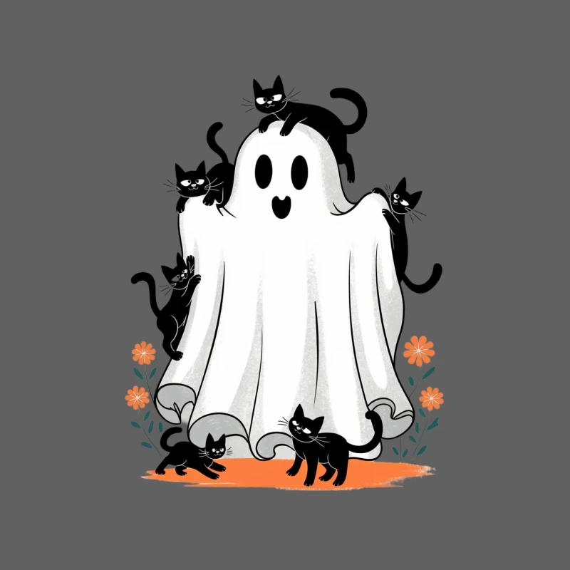 Playful Black Cats with Cute Ghost in Whimsical Halloween Scene Male Tank Top