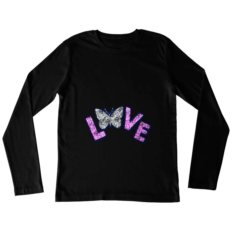 Glitzernder Schmetterlings-Love Schriftzug Damen Langarm T-Shirt
