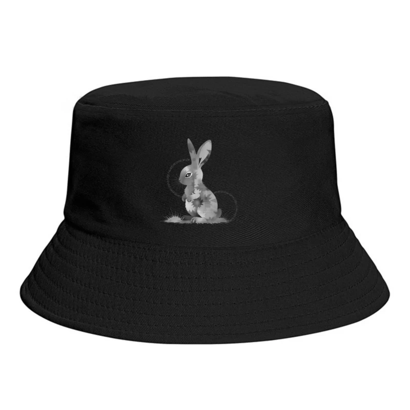 Grayscale Digital Art Illustration of a Sitting Rabbit Bucket Hat