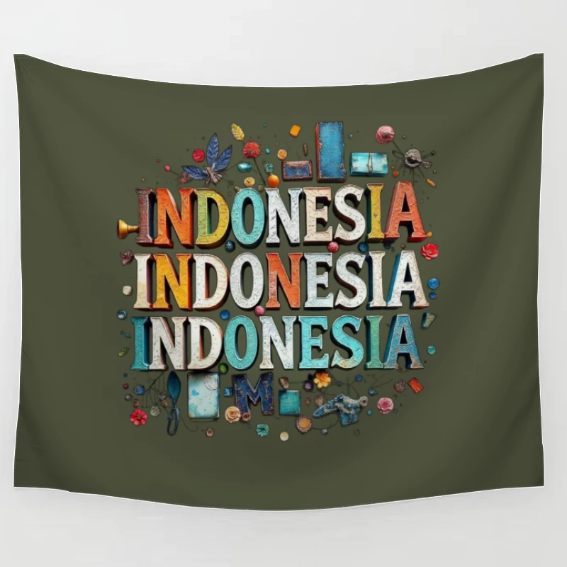 Artistic Typography Design of Indonesia with Colorful Decorative Elements Tapestry