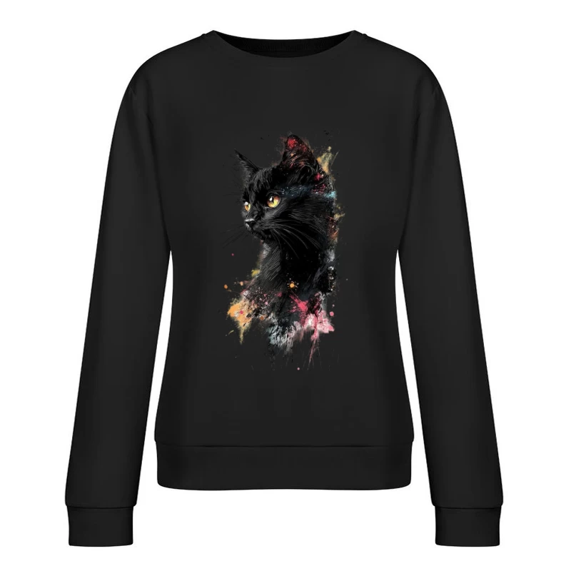 Colorful Watercolor Portrait of a Black Cat Female Pullover Sweatshirt
