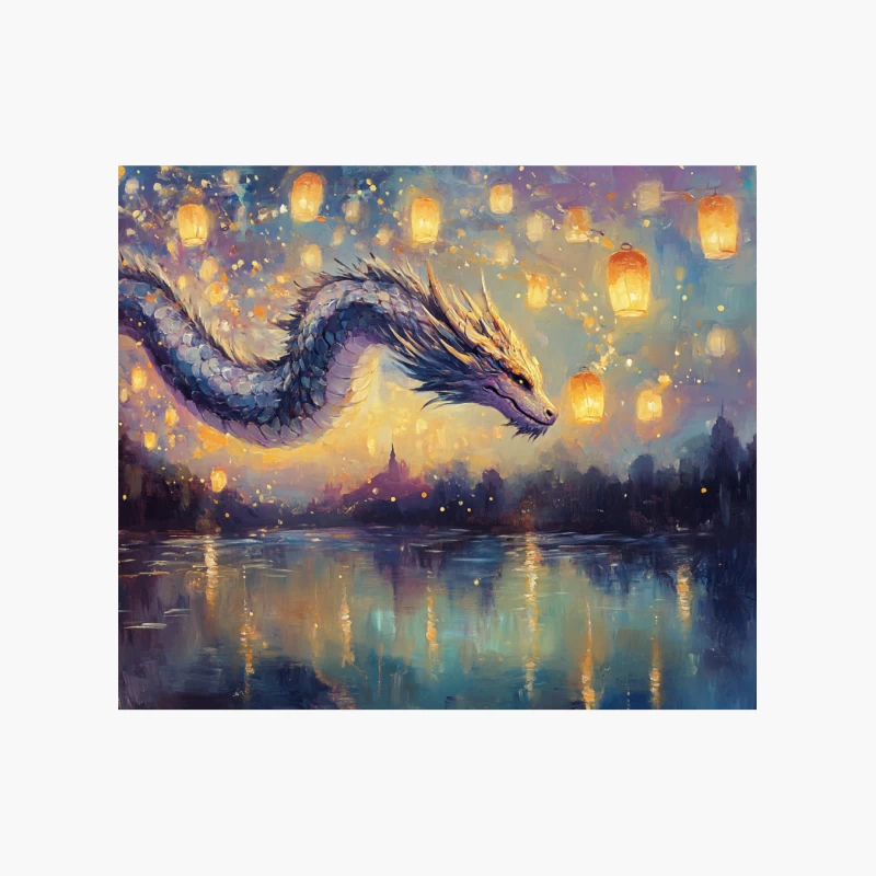 Magical Dragon Soaring Amidst Floating Lanterns Over Reflective Lake Cotton Tote Bag