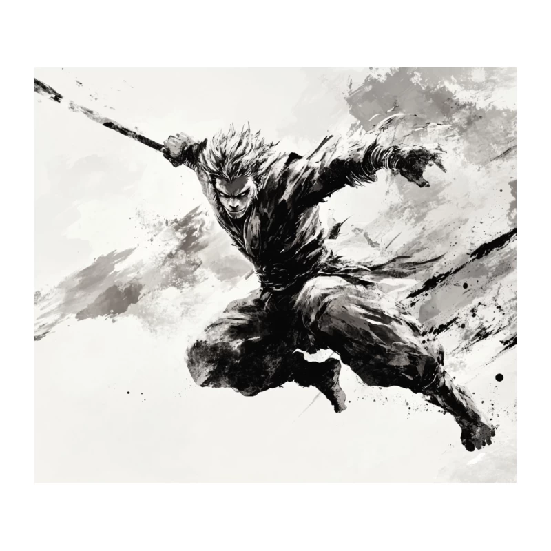 Dynamic Black and White Martial Arts Action Drawing Tapestry