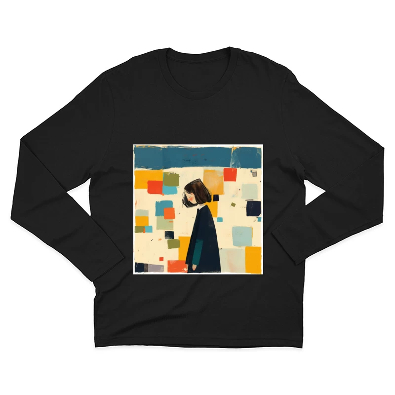 Minimalist Illustration of Figure in Black Coat Against Colorful Abstract Squares Male Long Sleeve T-Shirt