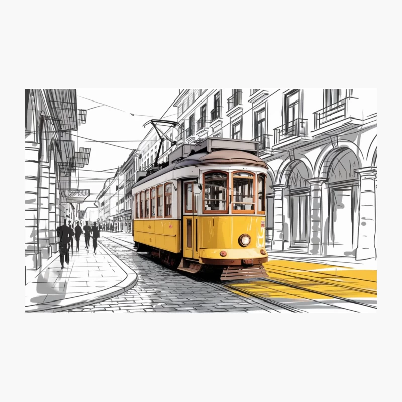 Vintage Yellow Tram in Sketched Urban Street Scene Travel Mug