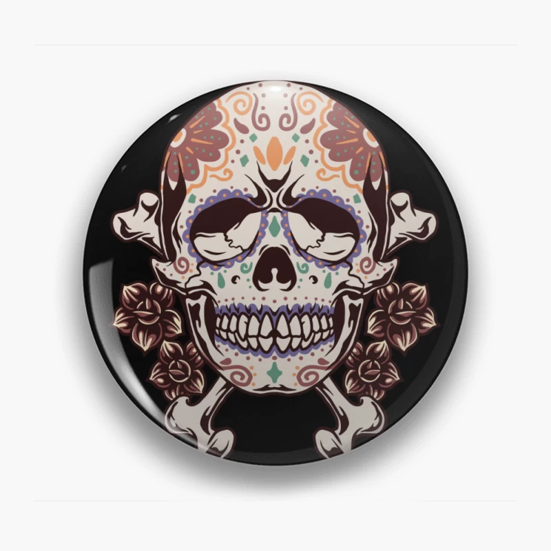 Decorative Skull with Crossbones and Floral Elements Pin