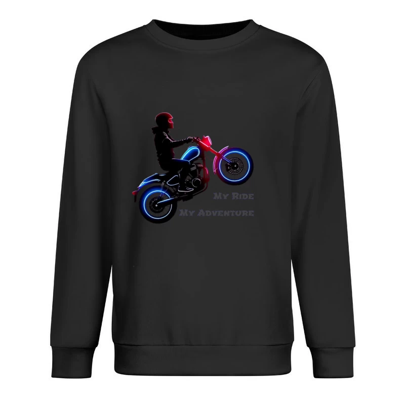 Neon-Lit Motorcycle Rider Silhouette with Adventure Quote Male Pullover Sweatshirt