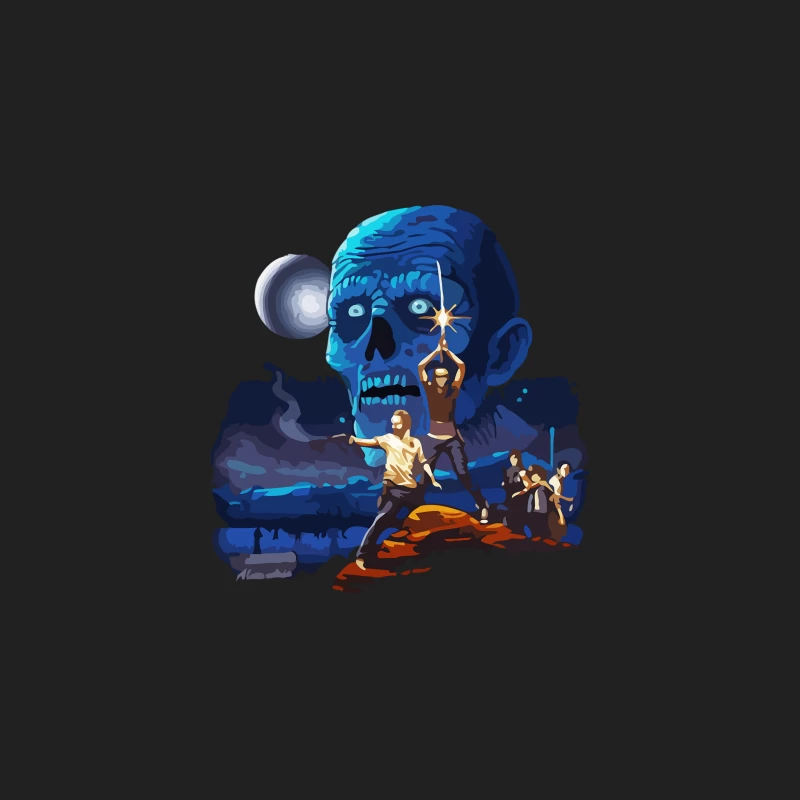 Thrilling Adventure: Characters Face Giant Blue Skull Bucket Hat