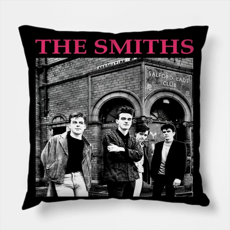 The Smiths Band Outside Historic Salford Lads Club - Iconic Black and White Photograph Throw Pillow