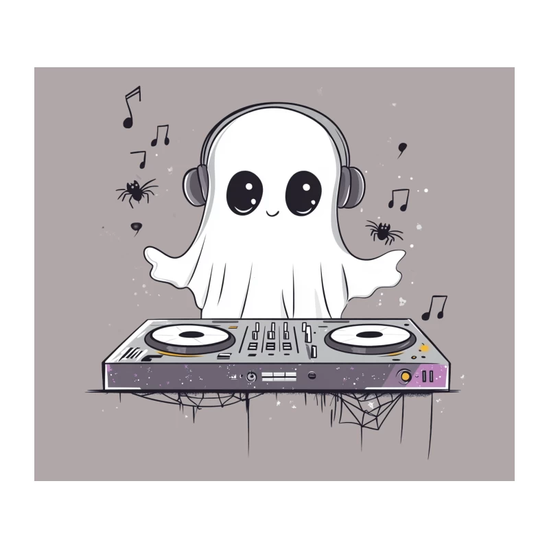 Cute Cartoon Ghost DJ with Headphones and Turntable Tapestry