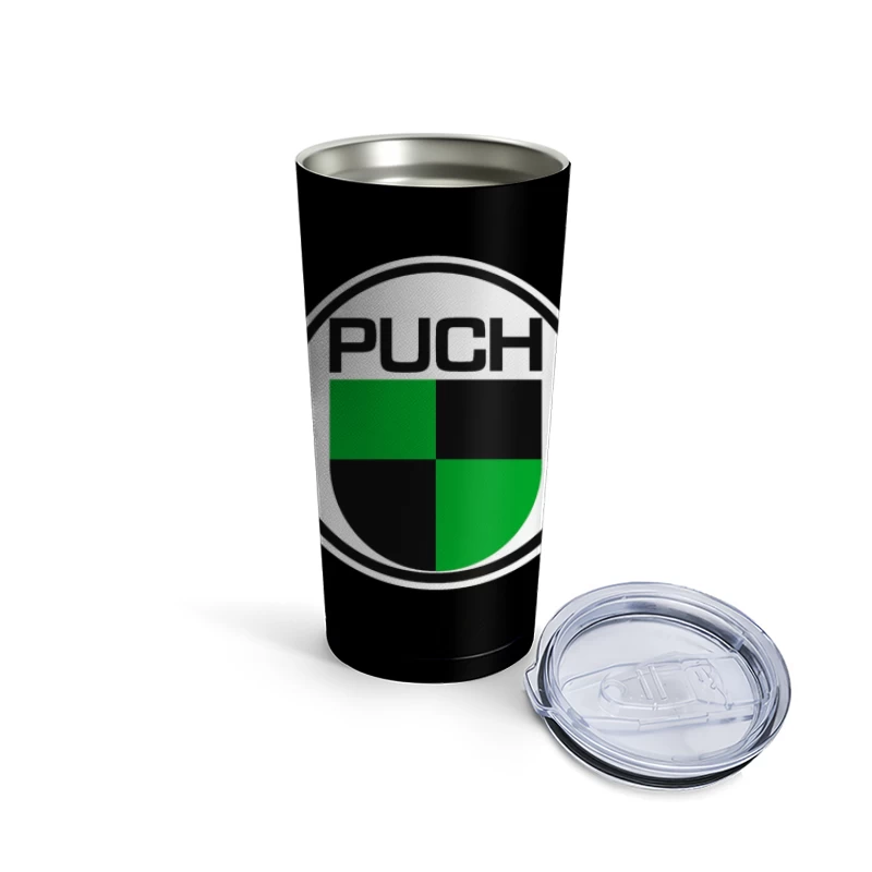 Vintage Puch Motorcycle Company Logo with Green and Black Shield Design Travel Mug