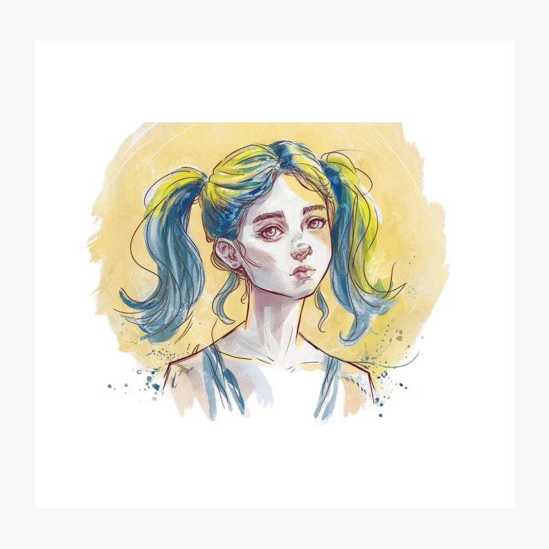 Whimsical Watercolor Portrait of Blue-Haired Anime Character Throw Pillow