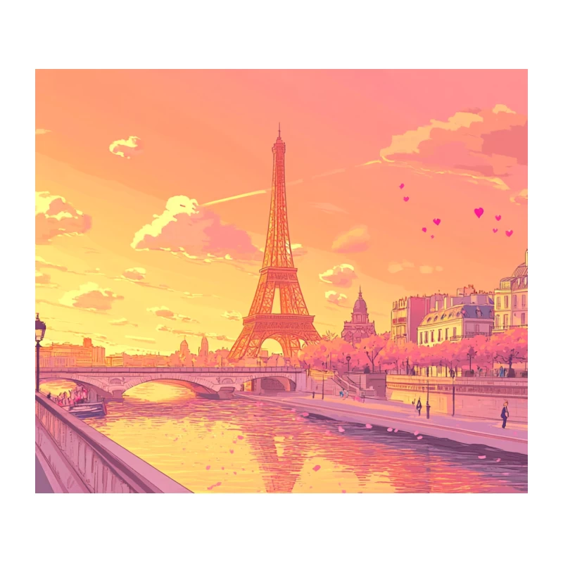 Romantic Parisian Sunset with Eiffel Tower and Cherry Blossoms Tapestry